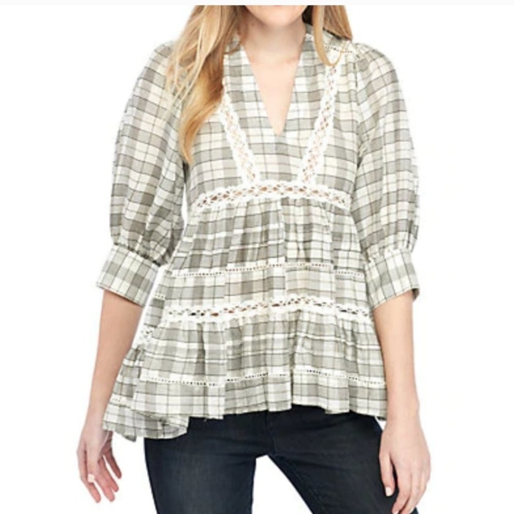Free People time out plaid lace trim tunic top blouse boho style size S NEW